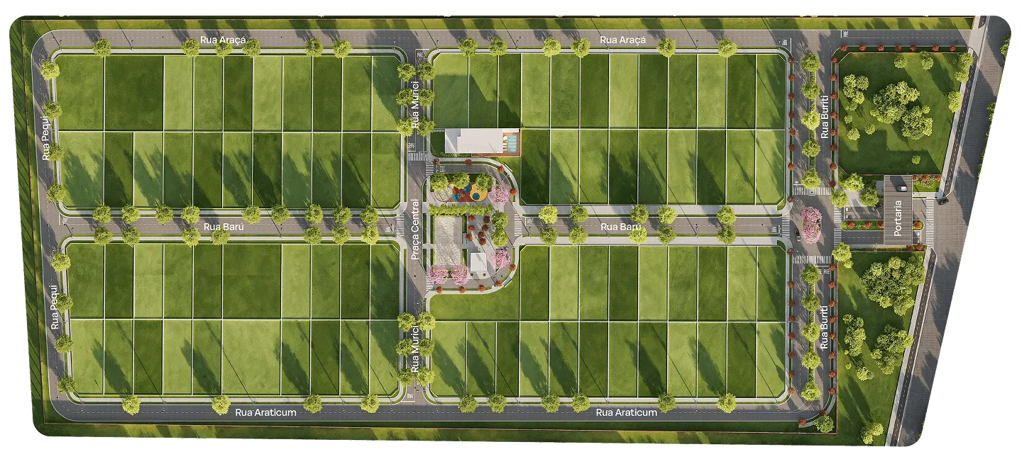 Mapa do Calliandra, vista aérea com ruas, praça central e portaria